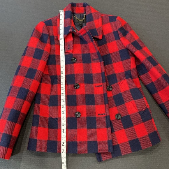 J. Crew 100% Wool Red & Navy Buffalo Check Plaid Pea Coat  Double Buttons Size 2 - Picture 6 of 14